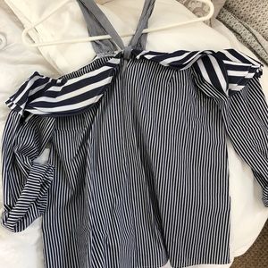 Off the shoulder blue and white striped blouse